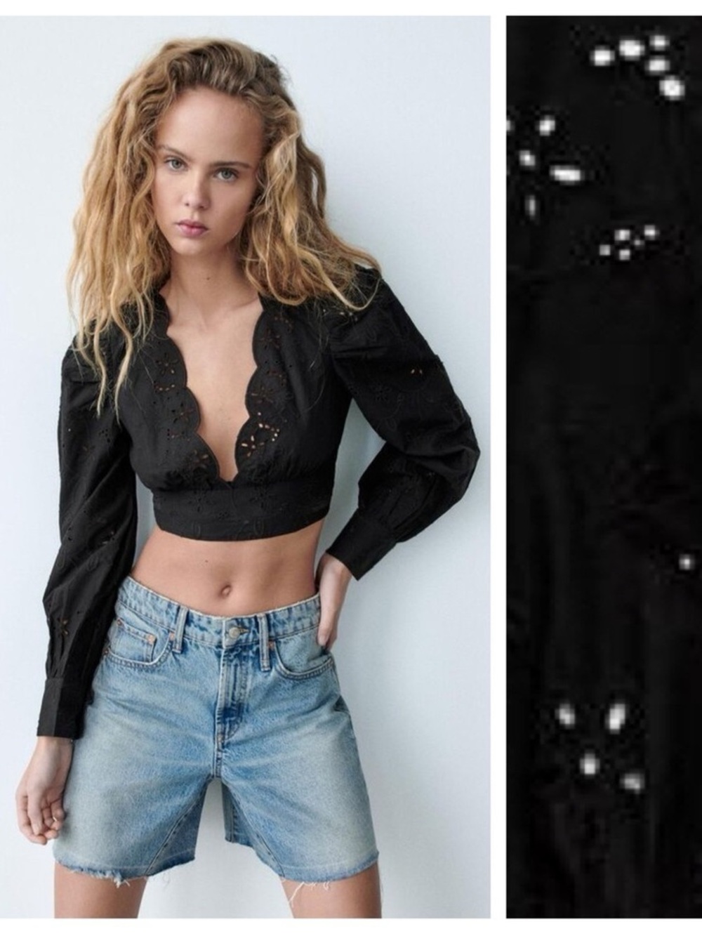 ZARA Black Eyelet V-Neck Cropped Blouse - Picture 2 of 12